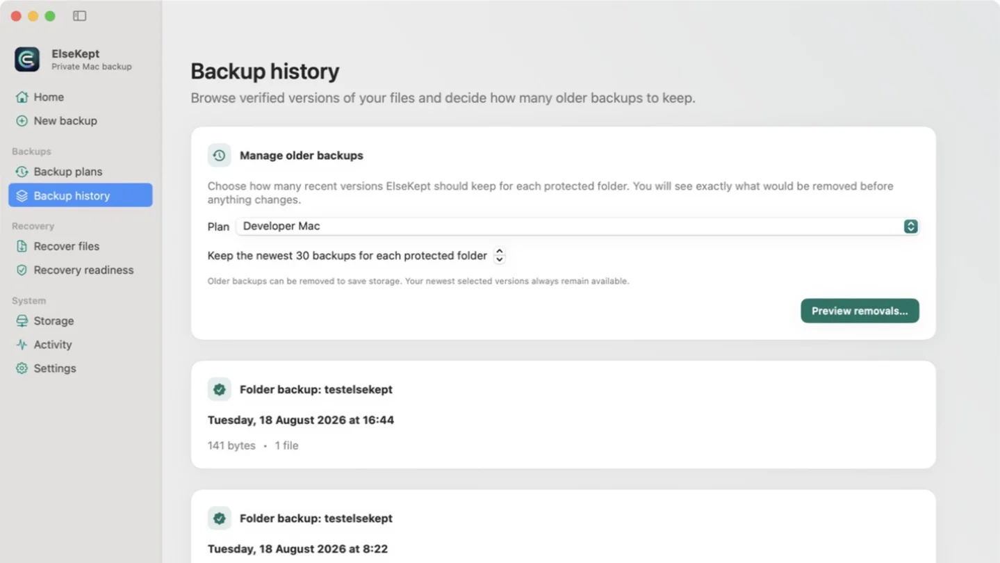 ElseKept backup history showing verified encrypted recovery points