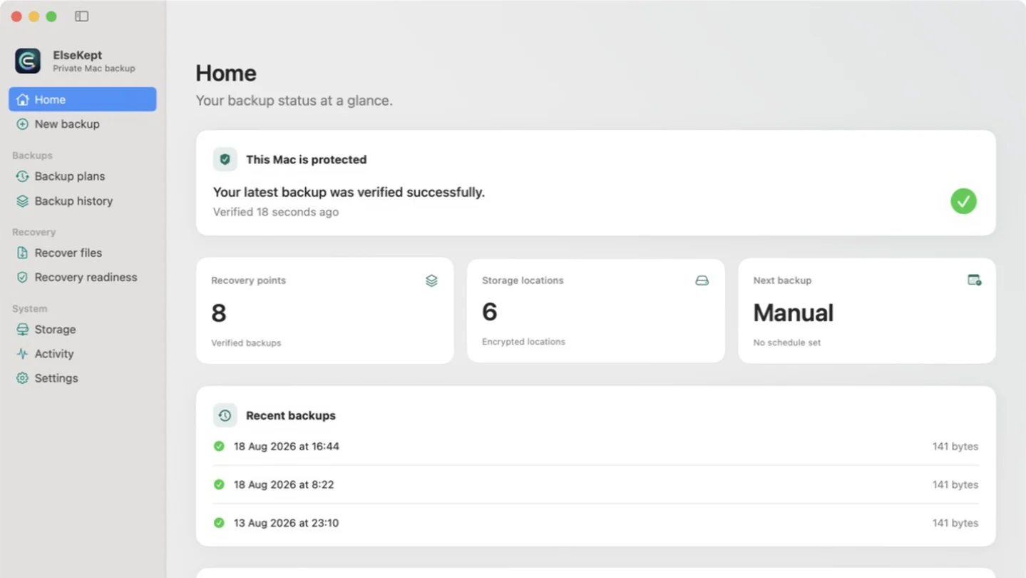 ElseKept home showing verified backup readiness and recent recovery points