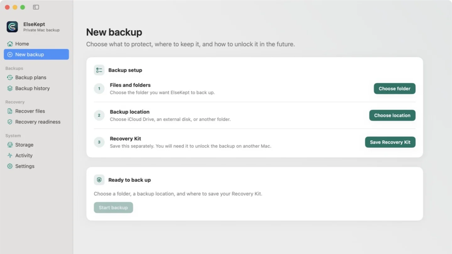 ElseKept new backup setup offering iCloud Drive as a backup location