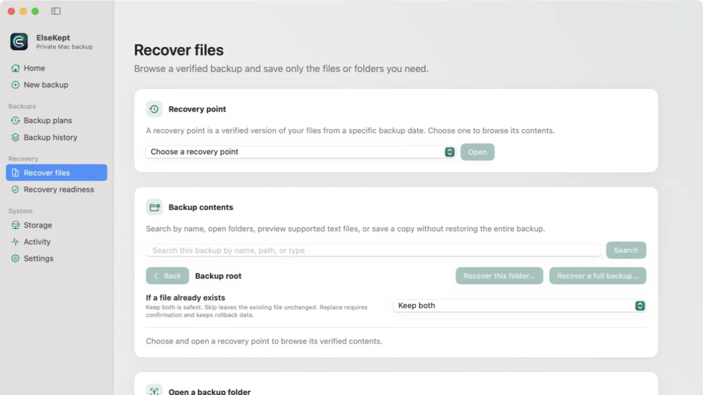 ElseKept recovery browser for opening a verified recovery point and finding specific files